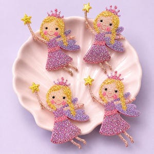 5 Glitter Fairy Appliqués – Felt Embellishments,  Hair Bow Centers, Paper Craft Elements