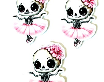 3 Skelly Balerina  planar Resins, Flatbacks, hair bow centers, Halloween embellishments, Day of the Dead, Dia De Los Muertos