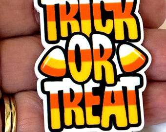 Candy Corn Trick or Treat  planar Resins, acrylic Flatbacks, Halloween bow centers, fall keychains, Cupcake Toppers