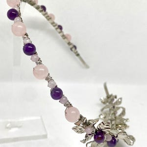 Rose Quartz, Amethyst and Kunzite Foliage Headband, Hair Accessory, Crystal Tiara, Natural Stone Floral Headband