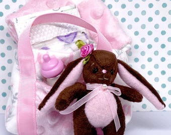 Miniature Stuffed Bunny Diaper Bag Blanket Quilt Milk Bottle For Doll