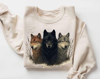Retro Wolf 90s Sweatshirt , Nature Vintage Wildlife Forest Crewneck, Boho Unisex Cabincore Crewneck Cozy Season Rustic Wolves Top