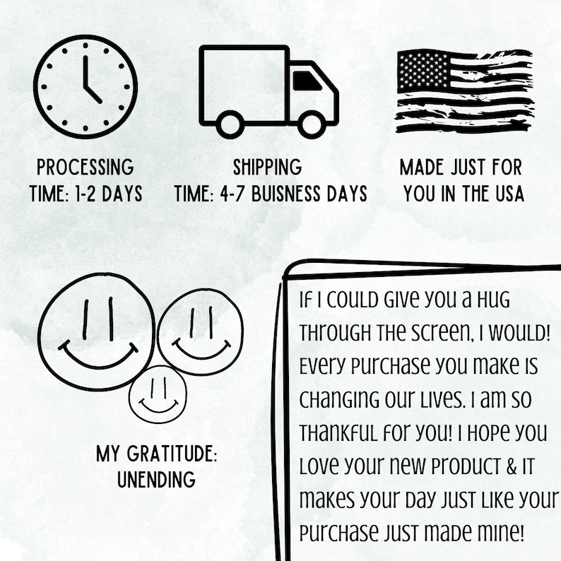 May include: Black and white graphic with a clock, truck, and American flag. Text includes "Processing Time: 1-2 Days", "Shipping Time: 4-7 Business Days", and "Made Just For You In The USA". Smiley faces and text: "My Gratitude: Unending".