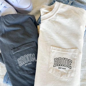Custom Bride & Groom Comfort Colors® T-shirt, Personalized Engagement Shirt, Honeymoon Matching Bride And Groom Clothing, Wedding Party Tee