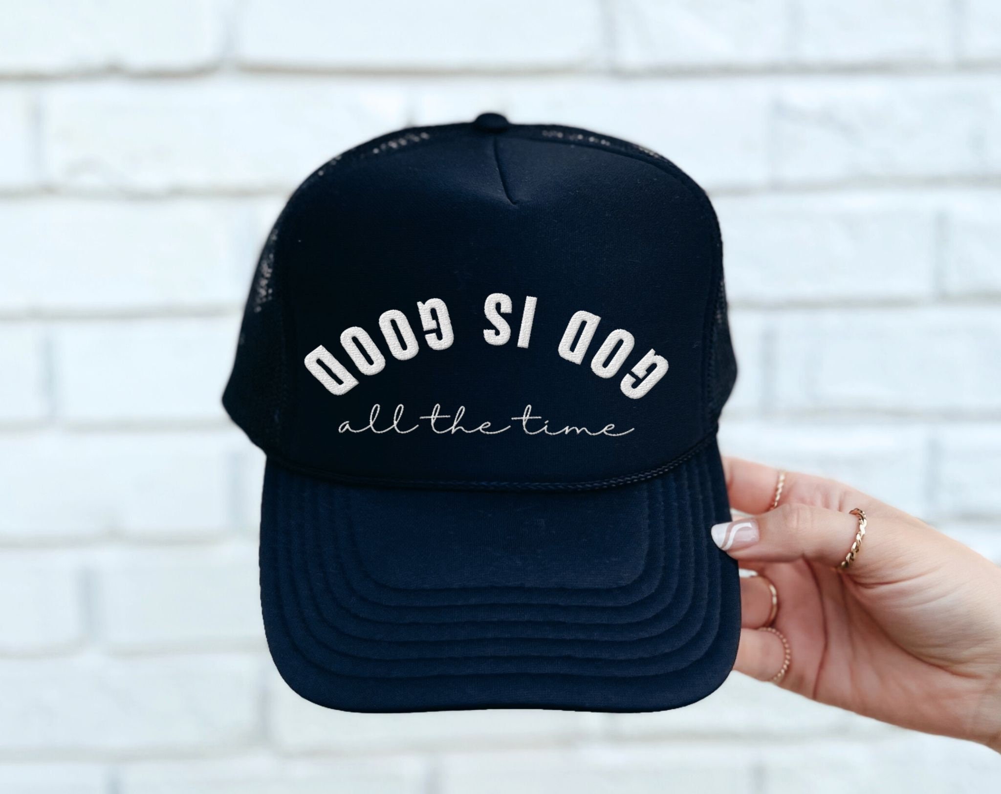 Embroidered Upside Down God is Good Trucker Hat Christian 