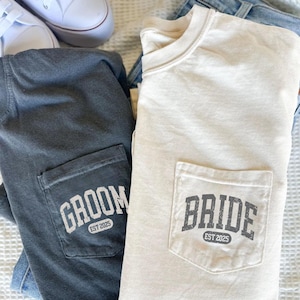 Custom Bride & Groom Comfort Colors® T-shirt, Personalized Wedding Shirt, Honeymoon Matching Bride And Groom Shirts, Wedding Party Tee