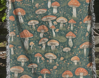 Mushroom Blanket, Woven Blanket, Picnic Blanket, Throw Blanket Couch, Retro Cottagecore Witchy Home Decor Gift, Botanical Vintage Gift Throw
