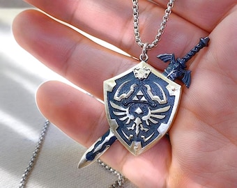 PREMIUM Fanmade Legend of Zelda Master Sword and Hylian Shield Necklace, Handmade Silver 950 Jewelry Inspired by Tears of the Kingdom