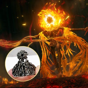 May include: A detailed, silver-toned ring with a unique, textured design. The ring is shown in a close-up, with a fiery, orange-yellow figure in the background. The figure has a flaming head and flowing, tattered garments. The ring's design appears to be inspired by the figure.