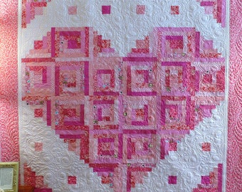 Loving Heart quilt pattern.  Make easy log cabin blocks in three variations.  PDF download. 441e