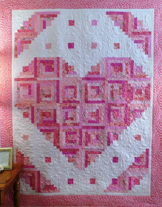 Try This Easy Lovely Heart Quilt Pattern You Make Log Cabin Etsy