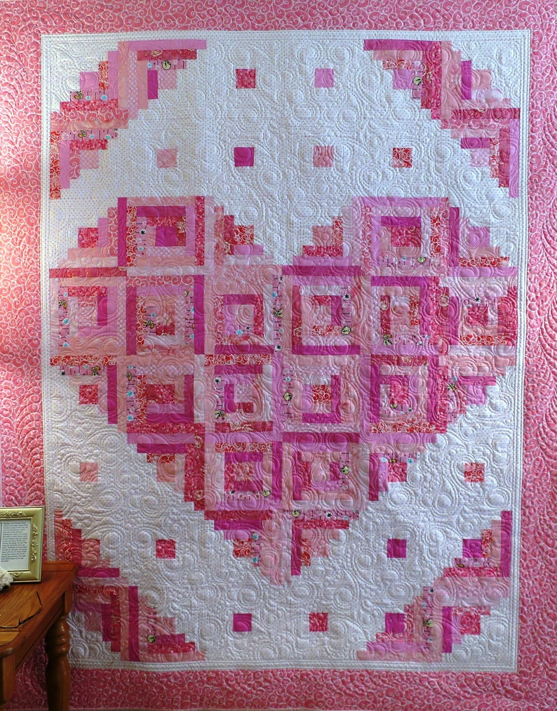 Loving Heart quilt pattern. Make easy log cabin blocks in three variations. PDF download. 441e image 1