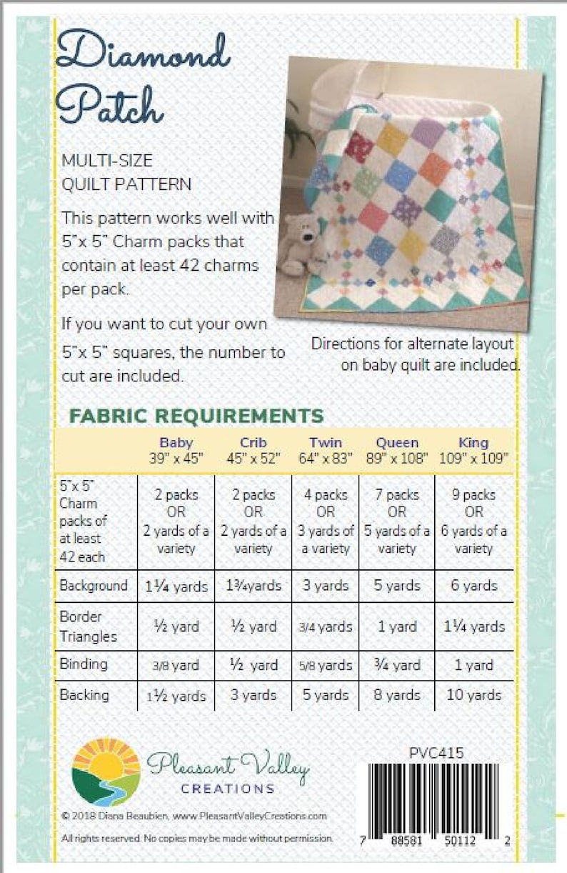 Easy PDF digital download quilt pattern, Diamond Patch 415 Designed by Pleasant Valley Creations image 2