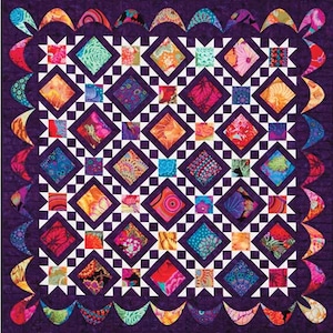 May include: A vibrant, handmade quilt with a deep purple background. The quilt features a repeating pattern of colorful diamond shapes and smaller squares, with a scalloped edge. The design incorporates various floral and abstract patterns.