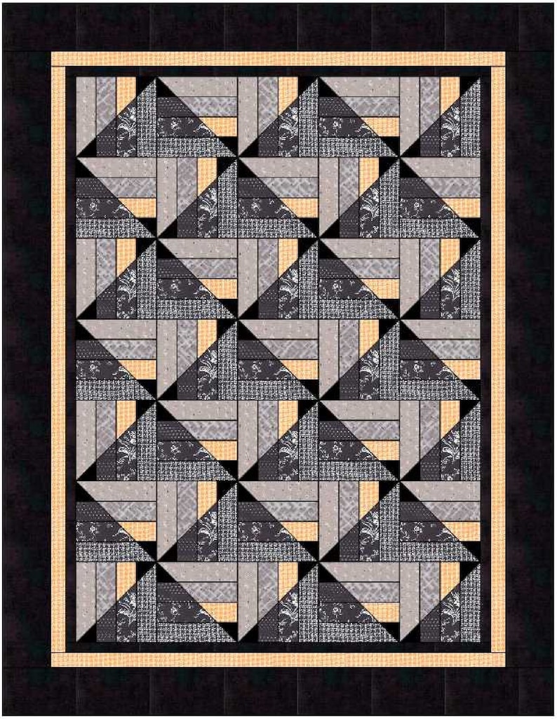 Puede incluir: Un patr&oacute;n de colcha con un dise&ntilde;o geom&eacute;trico que presenta tri&aacute;ngulos y rect&aacute;ngulos negros, grises y beige.