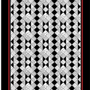 Peut inclure: Une courtepointe en noir et blanc avec un motif géométrique. Le design présente des losanges noirs et des carrés à motifs alternés, encadrés par un liseré rouge et un fond noir. Le design complexe est adapté à la décoration intérieure.