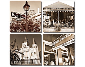 New Orleans French Quarter Stone Drink Coasters- Set of 4. Bourbon St., St. Louis Cath., Central Market, & Cafe' du Monde.