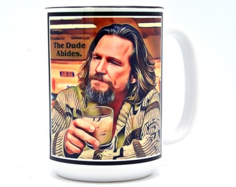 Full Color Large 15 oz. Ceramic Coffee Mug Tea Cup - The Dude Abides - The Big Lebowski - Microwave/Dishwasher Safe.