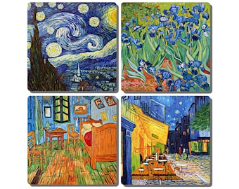 Vincent Van Gogh Stone Drink Coaster - Set of 4. Starry Night, Irises, The Bedroom, and Cafe Terrace at Night. Tumbled Stone. Cork backed.