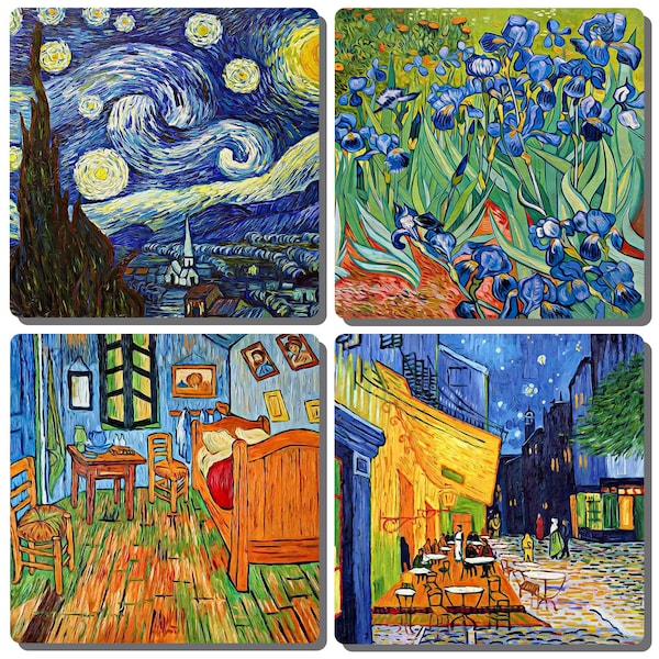 Vincent Van Gogh Stone Drink Coaster - Set of 4. Starry Night, Irises, The Bedroom, and Cafe Terrace at Night. Tumbled Stone. Cork backed.