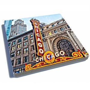 Chicago, Illinois Iconic Landmark Stone Drink Coasters Set of 4. Chicago Theatre, Buckingham Fountain, The Bean, & Chicago River. image 2