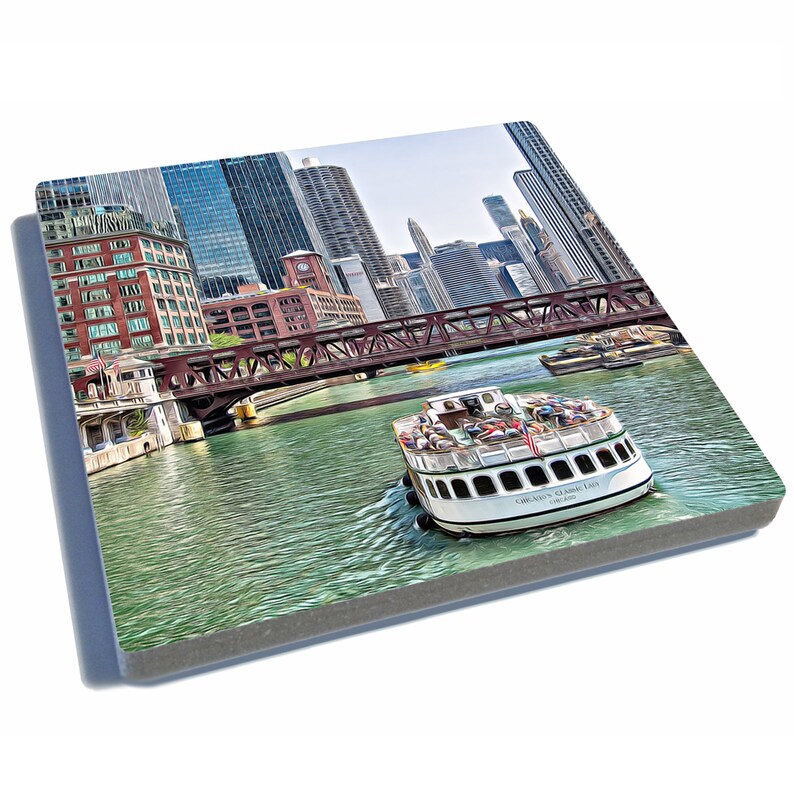 Chicago, Illinois Iconic Landmark Stone Drink Coasters Set of 4. Chicago Theatre, Buckingham Fountain, The Bean, & Chicago River. image 5