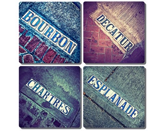 New Orleans French Quarter Stone Drink Coasters- Set of 4.  Bourbon Street, Decatur Street, Esplanade Avenue, and Chartes Street.