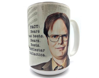 Full Color Large 15 oz. Ceramic Coffee Mug Tea Cup - Dwight Schrute - Bears eat beets  -  Microwave/Dishwasher Safe.