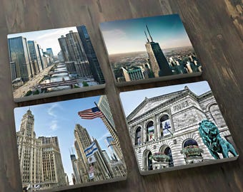 Chicago Landmark Stone Coasters: Wrigley Building, Art Institute - Set of 4