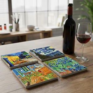 Van Gogh Stone Coasters: Starry Night, Irises, Bedroom, Cafe - Set of 4