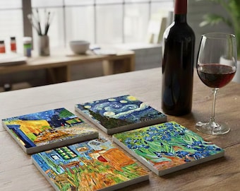 Van Gogh Stone Coasters: Starry Night, Irises, Bedroom, Cafe - Set of 4