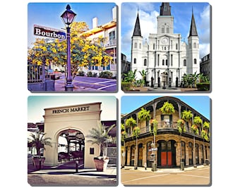 New Orleans French Quarter Iconic Landmark Stone Drink Coasters- Set of 4. Bourbon St., St. Louis Cath., French Mkt., and Ferns on Decatur.