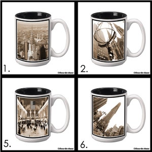 May include: Set of four white ceramic mugs with black rims. Each mug features a different sepia-toned photograph of iconic New York City landmarks.