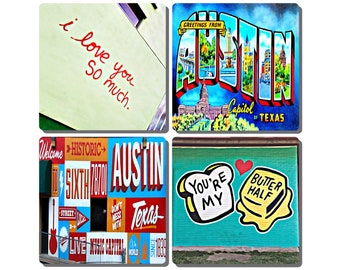 AUSTIN, TEXAS Street Murals Stone Drink Coasters - Set of 4. 1st St. Mural, I love you so Much, You're my Butter Half, & Welcome to 6th St.