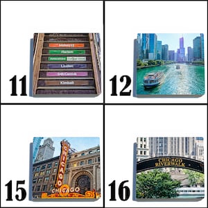 May include: Four square images of Chicago landmarks. The top left image shows a set of stairs with signs for different Chicago train stops. The top right image shows a view of the Chicago skyline from the river. The bottom left image shows a building with a large sign that says "CHICAGO" in red and yellow letters. The bottom right image shows a sign that says "CHICAGO RIVERWALK" in gold letters.