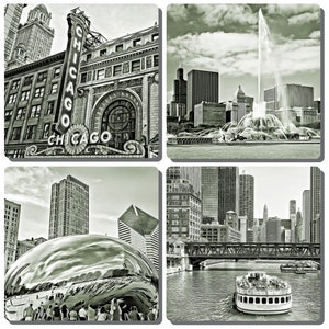 Chicago, Illinois Iconic Landmark Stone Drink Coasters- Set of 4. Chicago Theatre, Buckingham Fountain, The Bean, & Chicago River.