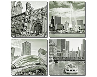 Chicago, Illinois Iconic Landmark Stone Drink Coasters- Set of 4. Chicago Theatre, Buckingham Fountain, The Bean, & Chicago River.