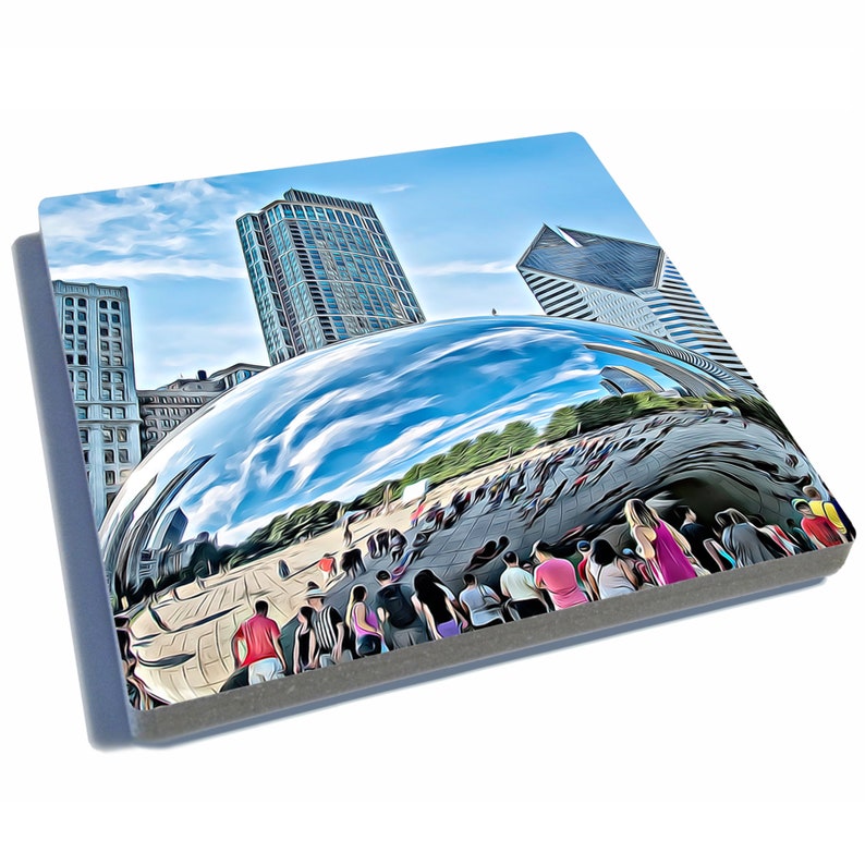 Chicago, Illinois Iconic Landmark Stone Drink Coasters Set of 4. Chicago Theatre, Buckingham Fountain, The Bean, & Chicago River. image 4