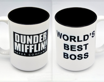 Full Color Large 15 oz. Ceramic Coffee Mug Tea Cup - World's Best Boss - Dunder Mifflin Paper Company -  Microwave/Dishwasher Safe.