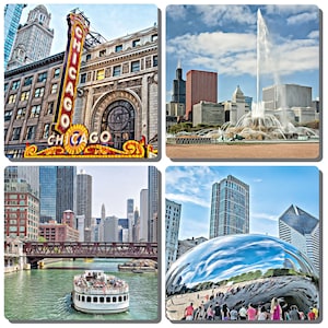 Chicago, Illinois Iconic Landmark Stone Drink Coasters- Set of 4. Chicago Theatre, Buckingham Fountain, The Bean, & Chicago River.