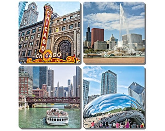 Chicago, Illinois Iconic Landmark Stone Drink Coasters- Set of 4. Chicago Theatre, Buckingham Fountain, The Bean, & Chicago River.