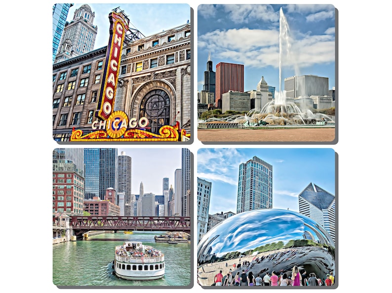 Chicago, Illinois Iconic Landmark Stone Drink Coasters Set of 4. Chicago Theatre, Buckingham Fountain, The Bean, & Chicago River. image 1