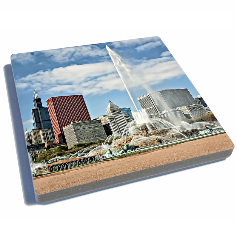 Chicago, Illinois Iconic Landmark Stone Drink Coasters Set of 4. Chicago Theatre, Buckingham Fountain, The Bean, & Chicago River. image 3