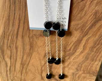 Black Onyx Coin Bead with Chain Drops, Sterling Silver Hoop Earrings