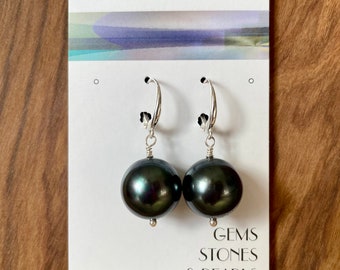 14mm Black Shell Pearl Sterling Silver Leverback Earrings