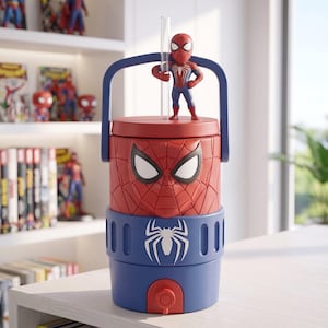 Puede incluir: Un enfriador de bebidas cilíndrico con temática de Spider-Man que presenta una sección superior roja con un diseño de máscara moldeado, una sección central azul con un emblema de araña blanco, una base azul con un grifo rojo y una figura superior.