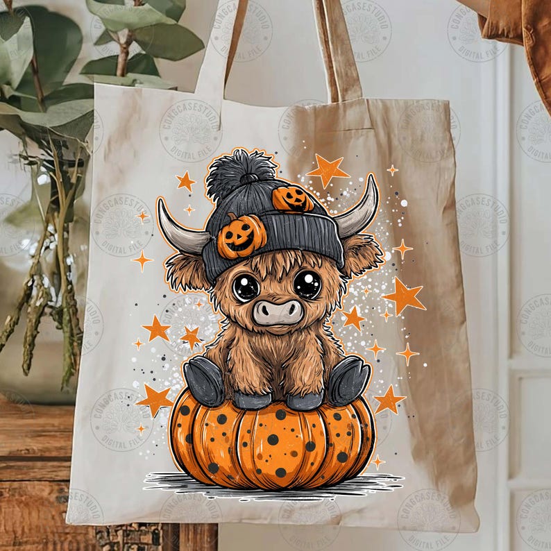May include: A beige tote bag featuring a cartoon illustration of a Highland cow wearing a gray beanie with pumpkin accents, sitting on an orange pumpkin. Orange stars and sparkles surround the cow, creating a festive Halloween theme.