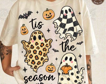 Tis The Season Ghost Png: Pumpkin Patch Ghosts Design, Halloween Png, Checkered Leopard Polka Dot Ghosts, Fall Shirt Png, Digital Download