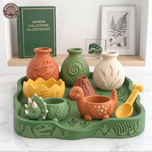 Puede incluir: Un conjunto de accesorios de escritorio con temática de dinosaurios que incluye tres jarrones pequeños en terracota, verde y crema, un cuenco amarillo en forma de huevo, un volcán marrón, un cuenco de triceratops verde, un cuenco de dinosaurio naranja y una cuchara con forma de hueso.