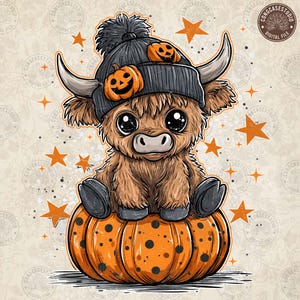 May include: A cute cartoon illustration of a Highland cow calf wearing a black knit hat with two jack-o'-lanterns. The calf is sitting on a large orange pumpkin with black spots, surrounded by orange stars.